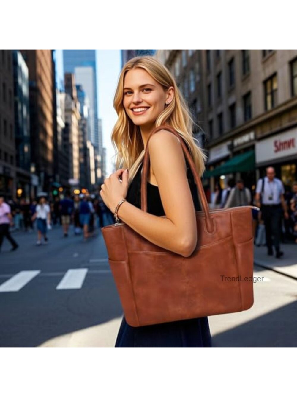 Large Vegan Leather Tote Bag for Women Work Travel Zipper Shoulder Bag - Picture 5 of 6